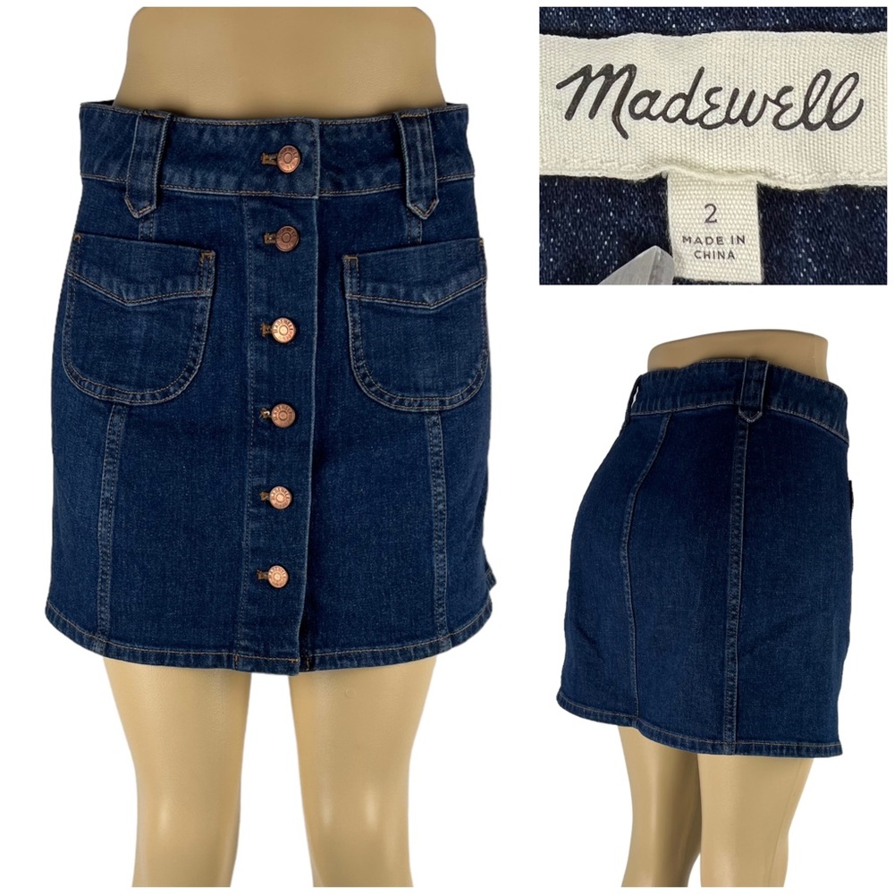 Madewell Skirt Womens 2 Jean Stretch Denim A-Line Button Front Pockets Blue EUC